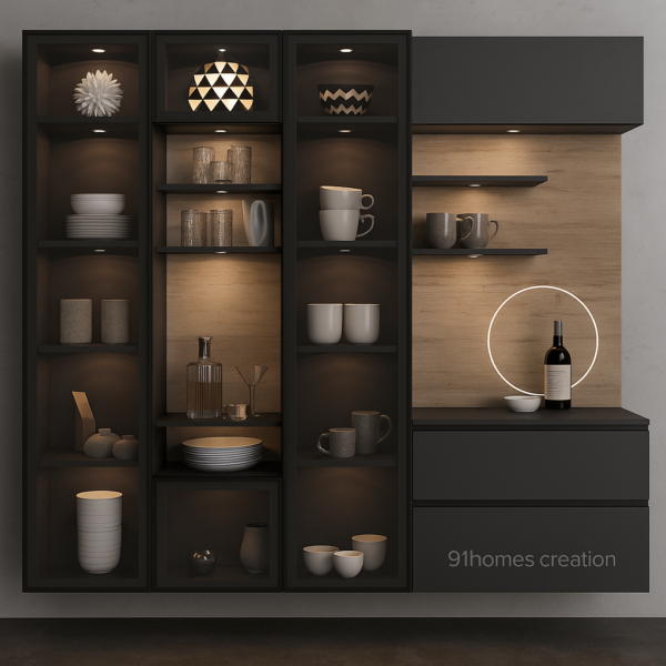 Matte Black and Wood Crockery Unit with Glass Display Shelves