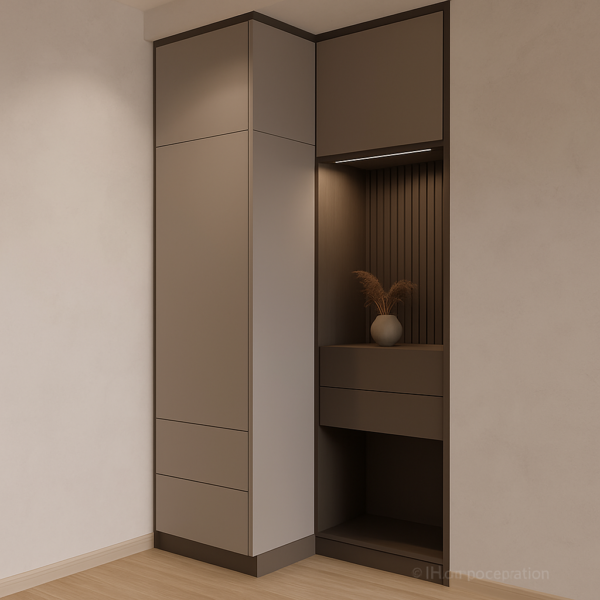 Minimalist floor-to-ceiling taupe modular cabinet with fluted back panel and drawers