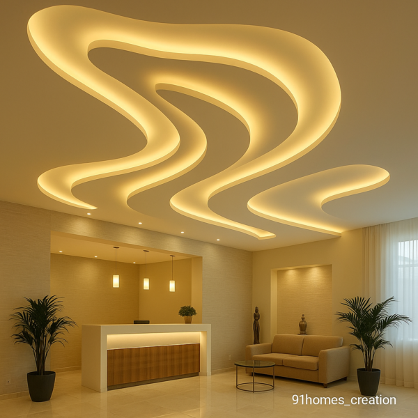 beige flow ceiling with wave pattern and warm LED lighting