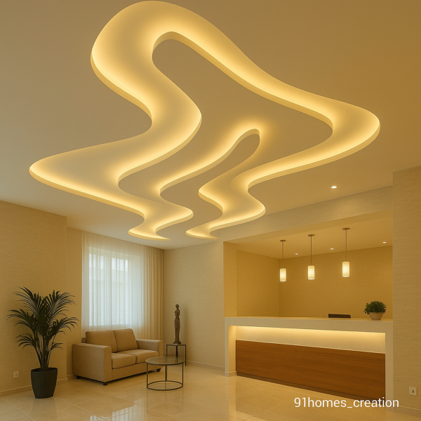 Modern gypsum ceiling design with curved shapes and golden finish