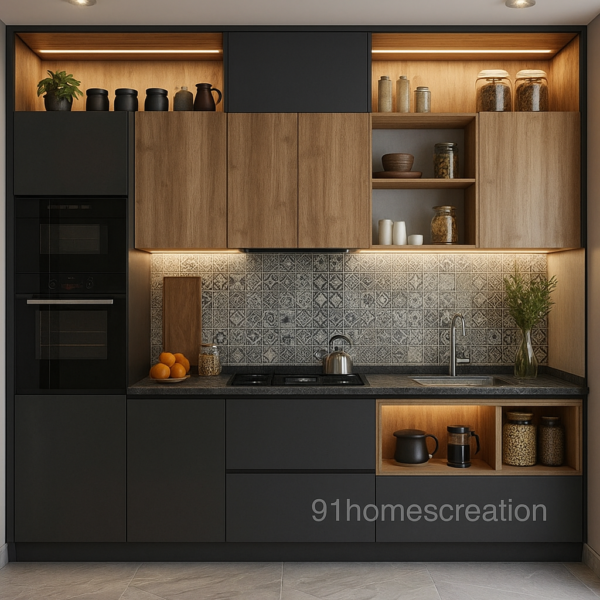 Matte Black and Wooden Crockery Unit with Tile Backsplash