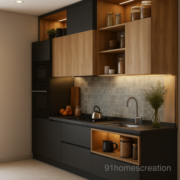 Contemporary L-shaped crockery unit featuring patterned backsplash tiles