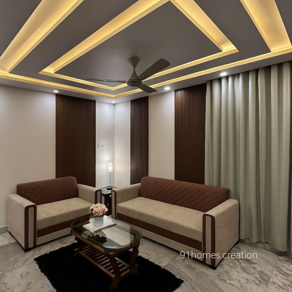 False ceiling design in brown WPC panels with warm LED lighting