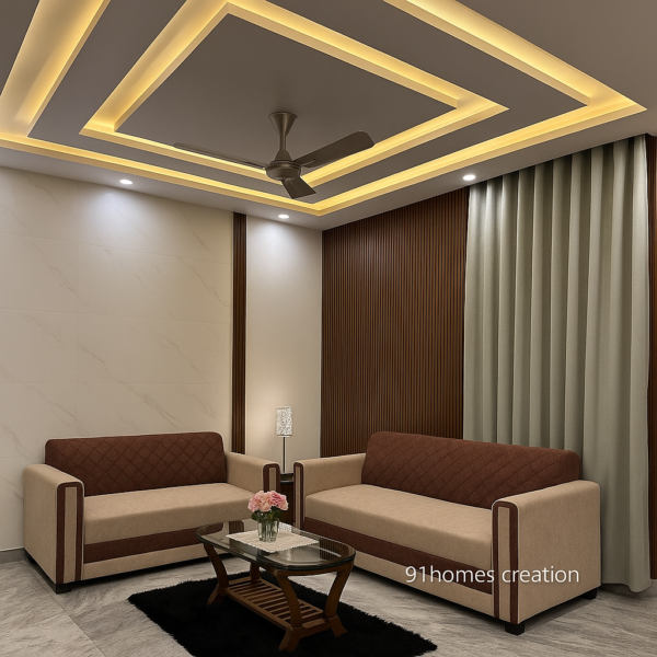 brown WPC ceiling, beige sofa, and marble flooring