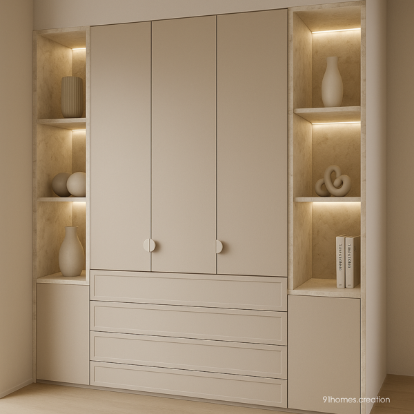 Modern taupe wardrobe with integrated drawers, decorative shelving, and warm ambient lighting in a compact corner.