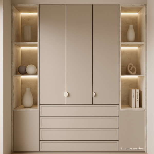 3-door taupe wardrobe with marble-framed LED-lit shelves and minimalist white handles.