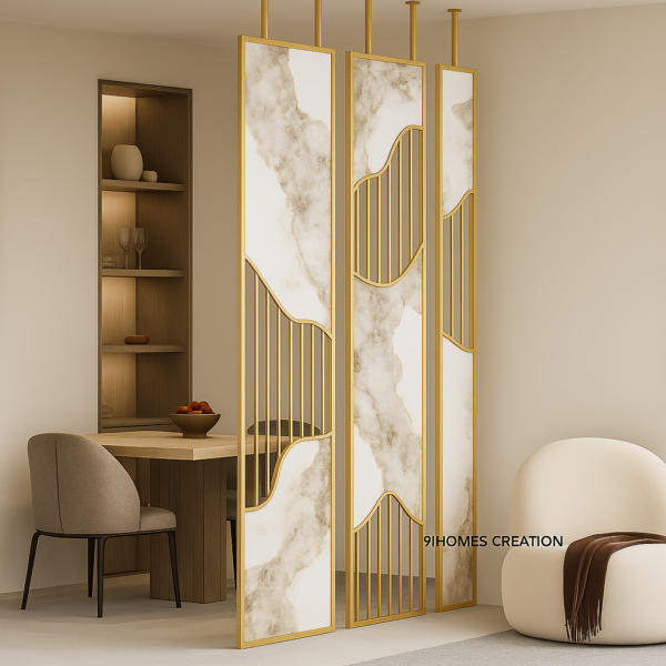 "Luxurious partition design with gold frame, marble inlay, and vertical grill detailing"