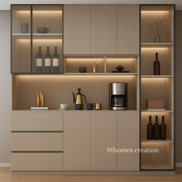 Beige Matte Bar Unit modular bar cabinet with glass doors and LED lighting, featuring wine bottles and coffee station.