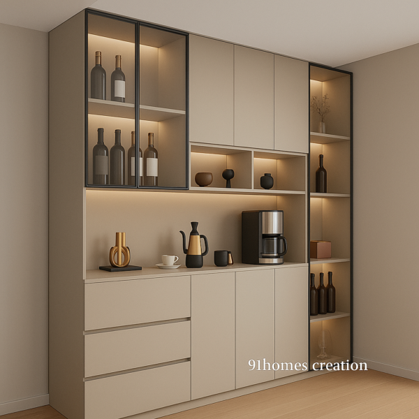 Contemporary side view of full-wall storage unit in cream color with black metal frames and wooden shelves.