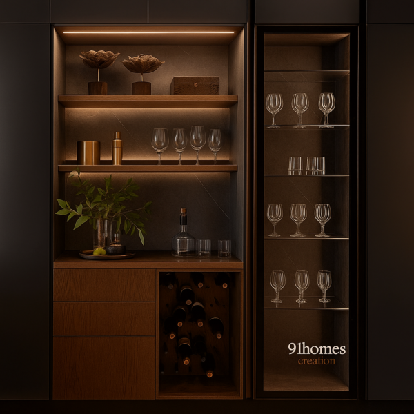 Dark Wood and Glass Bar Unit with matte finish, bronze decor, and glass cabinet