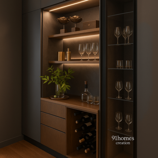 dark wood bar unit, built-in bar cabinet, luxury bar design, matte finish bar unit, modern home bar, black and walnut bar, glass door wine cabinet, recessed LED bar, contemporary bar furniture, bar unit for living room, wooden bar unit design, compact bar cabinet, ambient lighting bar setup, glass shelf bar, stylish bar unit ideas, home bar with wine rack, bar cabinet with decor shelf, side view bar cabinet, black finish bar unit, bar design with glassware display Square luxury bar unit with recessed lighting, wine rack, and glassware display