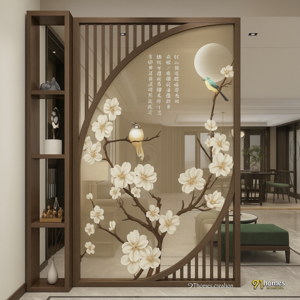 Side View Walnut Wood Partition with Floral Glass