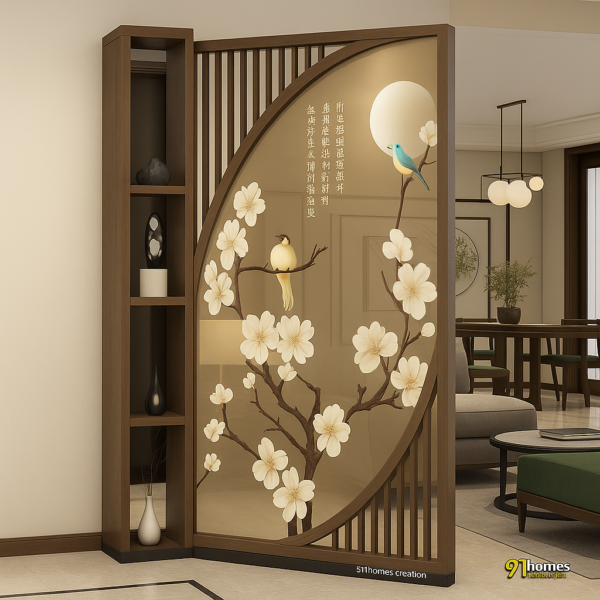 Square decorative screen with semi-circular cutout, white flower painting, and moon.