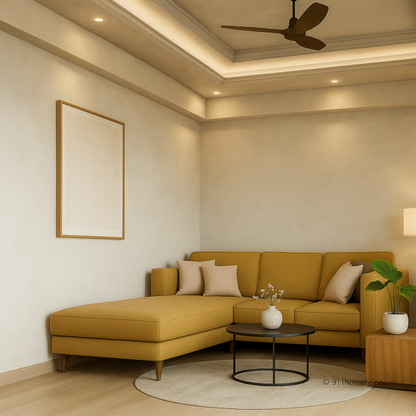 Beige living room ceiling with tray design and LED strip lighting
