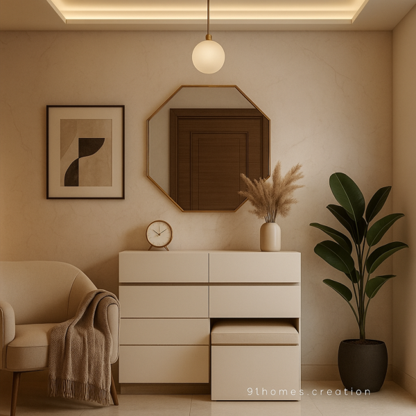 Cream-textured foyer with octagonal gold mirror and indoor plant