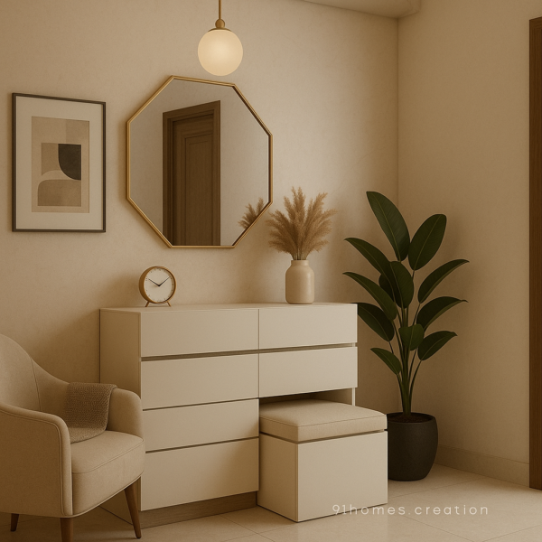 Modern cream entryway design with padded stool and storage drawers