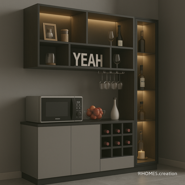 Modern gray matte bar unit with wine rack, glass shelves, and LED backlighting.