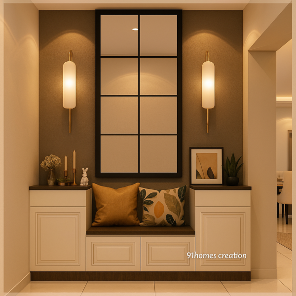 Warm Beige Entry Foyer with storage bench, mirror, and wall lights