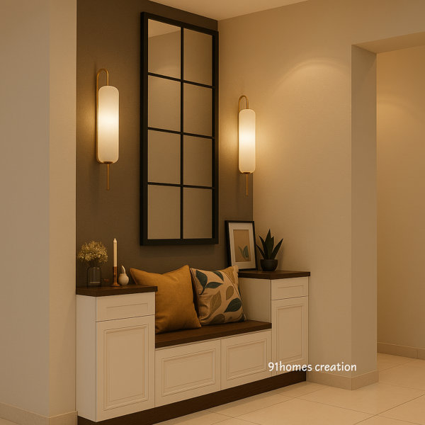 Cushioned foyer seating with taupe wall, sconces, and black-framed mirror
