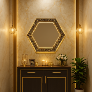 Luxurious gold trimmed foyer with hexagonal mirror and pendant lights