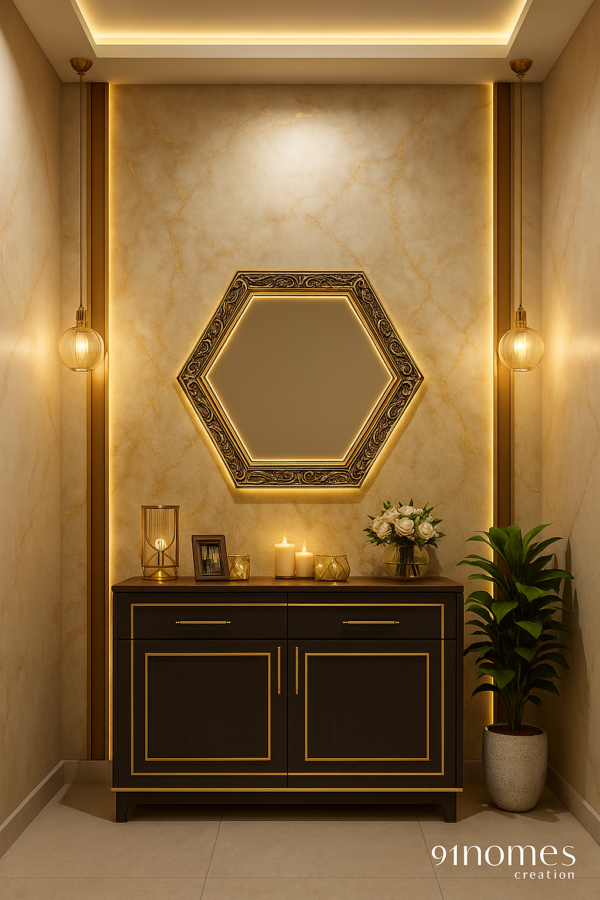 Luxurious gold trimmed foyer with hexagonal mirror and pendant lights