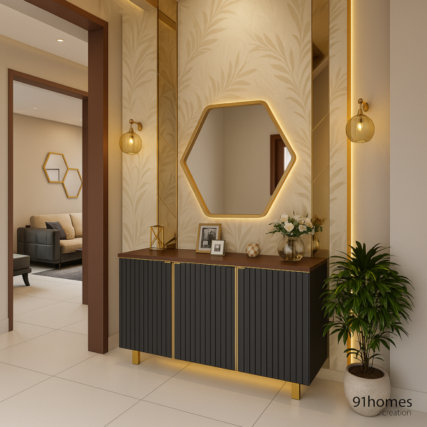 Dark wood cabinet foyer with gold accents and LED lighting