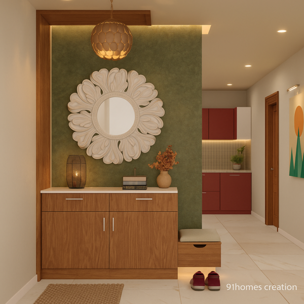 Green textured entry foyer with white floral mirror and wooden cabinet