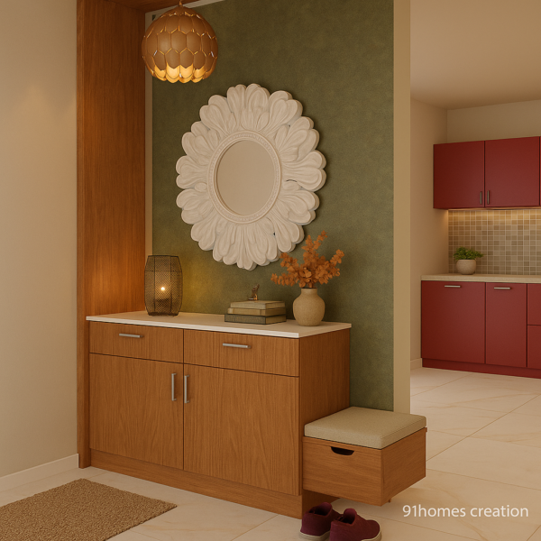 Wooden console with cushion bench in green accent wall foyer design