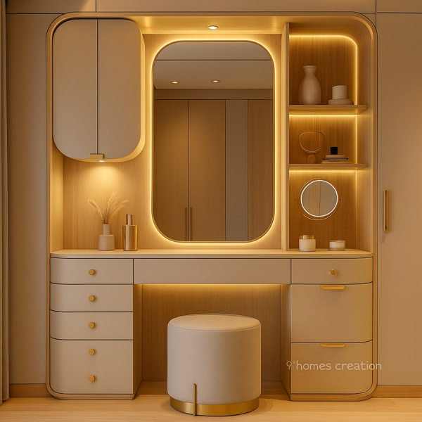 Beige vanity foyer with golden handles and round mirror lighting