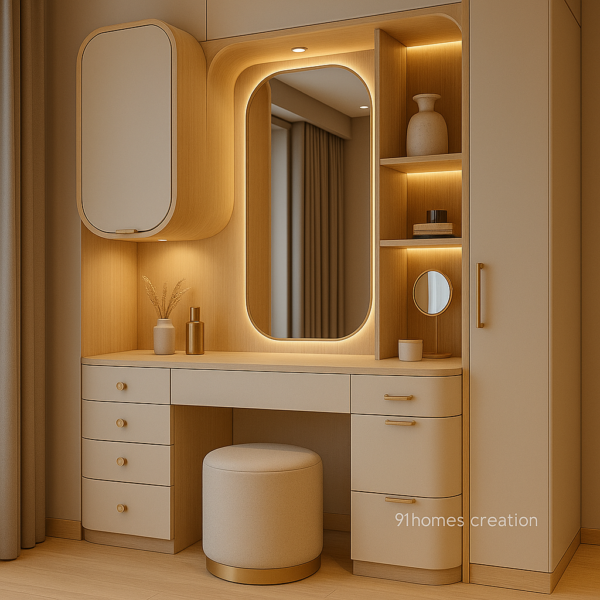 Modern curved beige dressing unit with LED lights and drawers