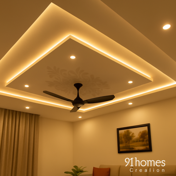 Recessed LED false ceiling featuring black fan and floral design