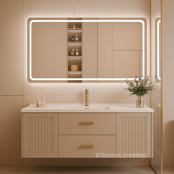 Beige floating vanity with gold faucet and rectangular LED mirror