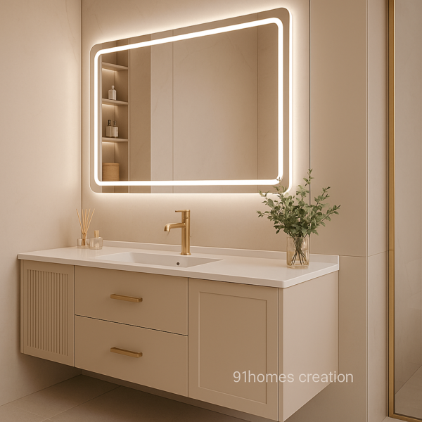 Modern matte finish sink cabinet with fluted shutters and soft LED lighting