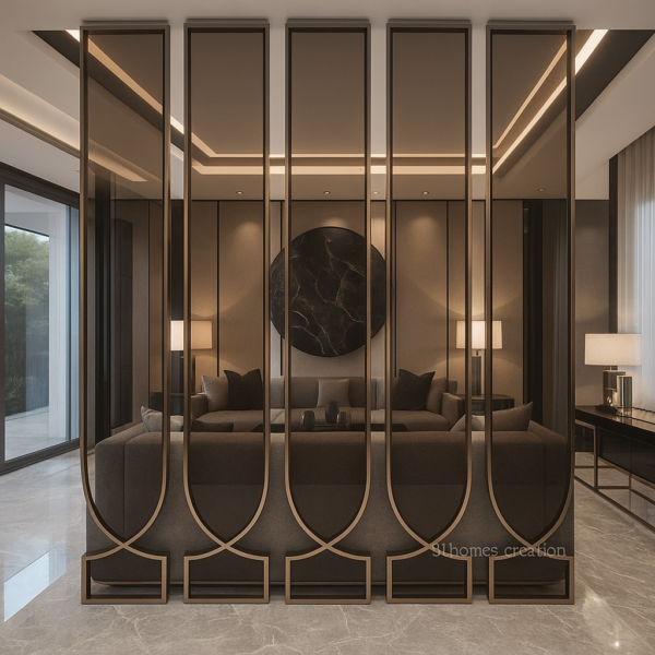 Bronze Framed Tinted Glass Partition with Teardrop Design