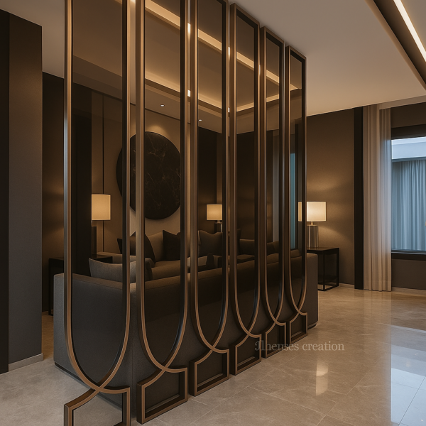 Sleek tinted glass divider with black marble background and grey sofa
