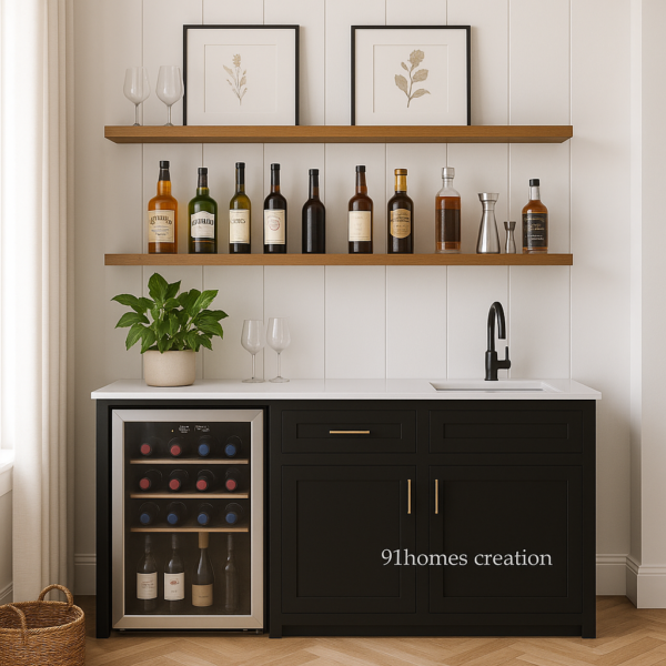 Black Matte Bar Unit with white quartz top, matte finish, and wooden shelves stocked with liquor bottles.