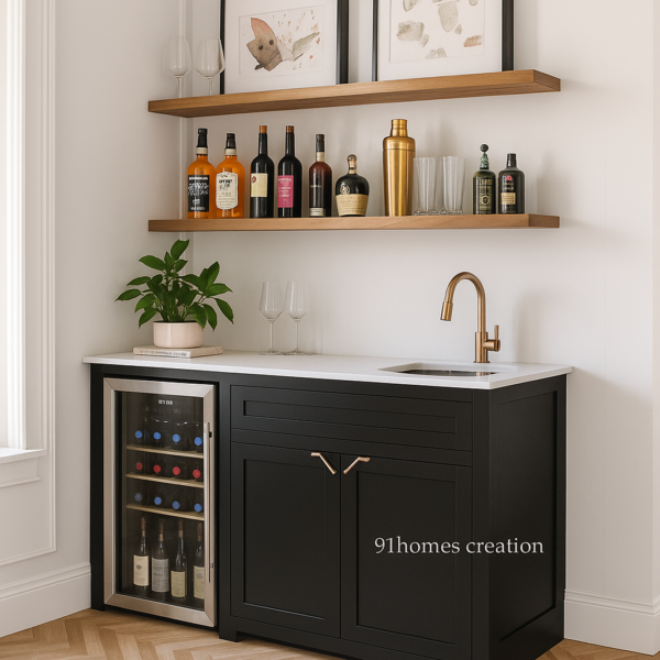 Stylish wet bar unit with dark wood cabinetry, glass wine cooler, brass faucet, and floating oak shelves.