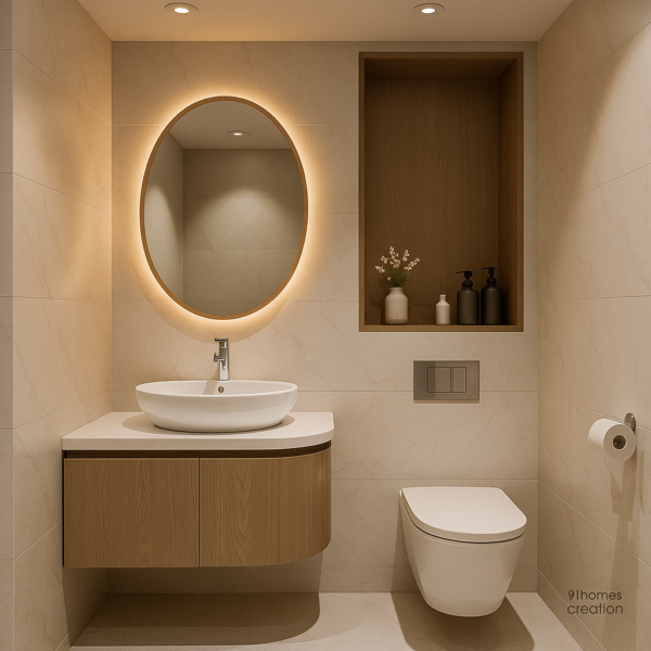 beige curved floating vanity with LED mirror and ceramic vessel sink