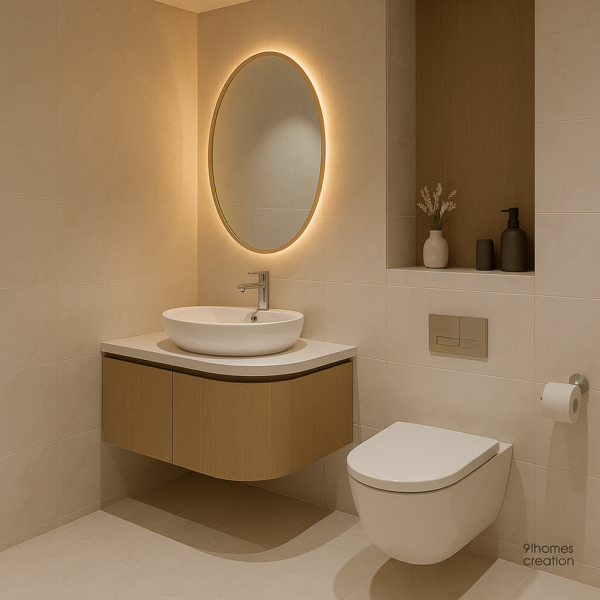 Modern bathroom with wall-mounted toilet and light wood curved cabinet