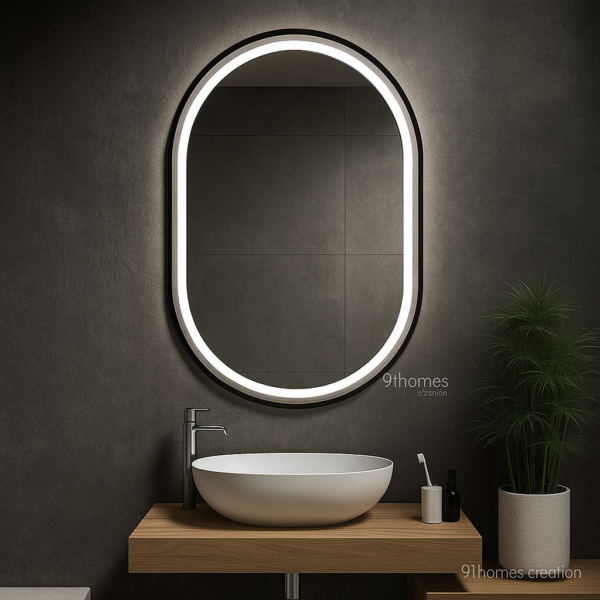 wooden floating vanity with oval LED mirror, matte black wall, and wall-mounted wooden vanity.