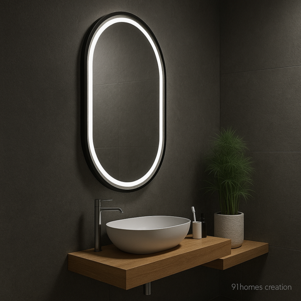 Contemporary floating vanity with white vessel sink and light oak wood counter against textured grey wall