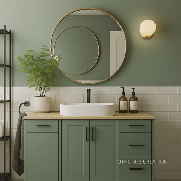 Sage green floating vanity with white countertop basin and gold round mirror on matte subway-tiled wall.