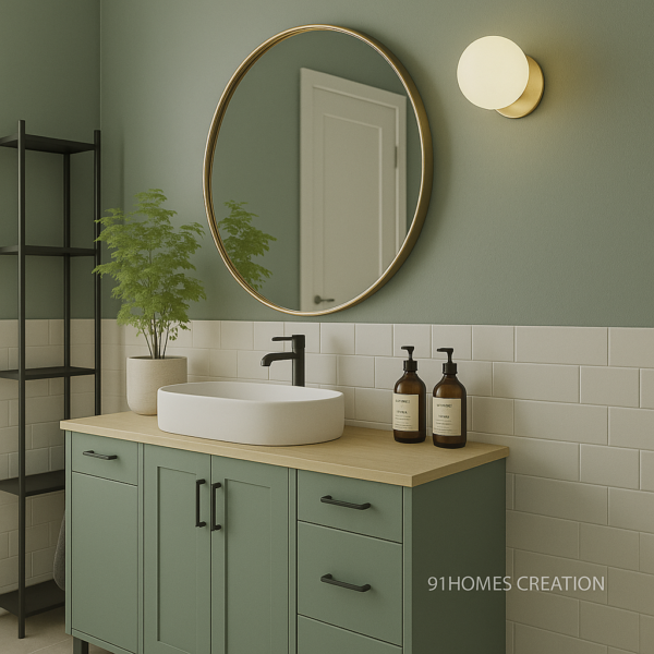 Modern light wood top vanity in green with black hardware and ceramic vessel sink, styled with indoor plant and LED wall sconce.