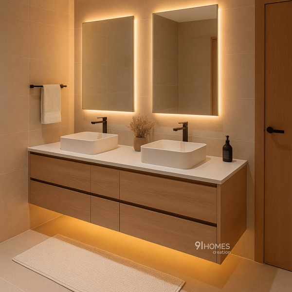 Light wood wall-mounted vanity with matte black faucets and warm under-cabinet lighting.