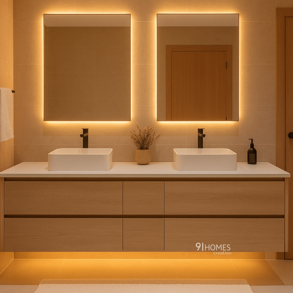 Wall-Mounted Light Oak Bathroom Vanity in light oak finish with double white ceramic basins and LED backlit mirrors.