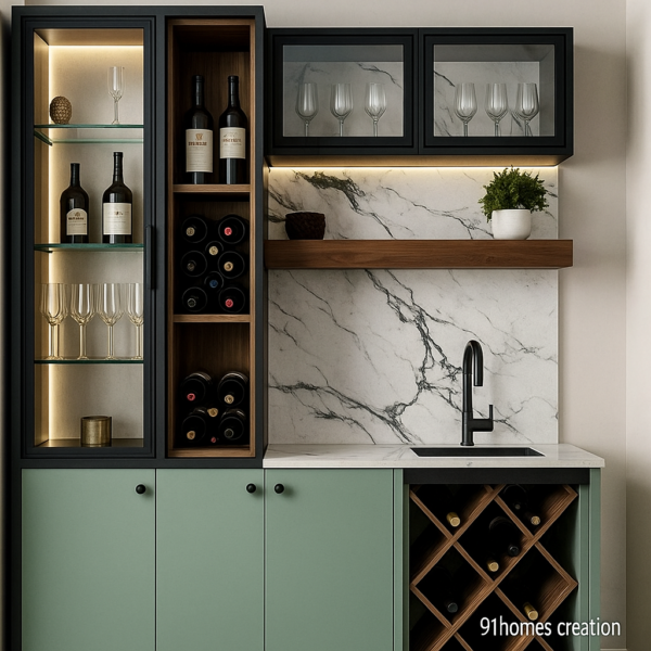 Mint Green Bar Unit with mint green matte cabinets, black marble-finished top, and wooden wine racks.