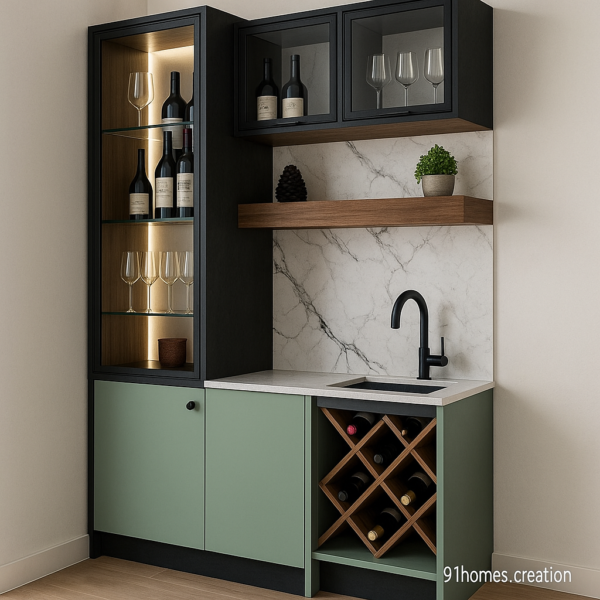 Wall-mounted luxury bar setup featuring LED-lit glass shelves, black framed cabinets, and white marble backsplash.