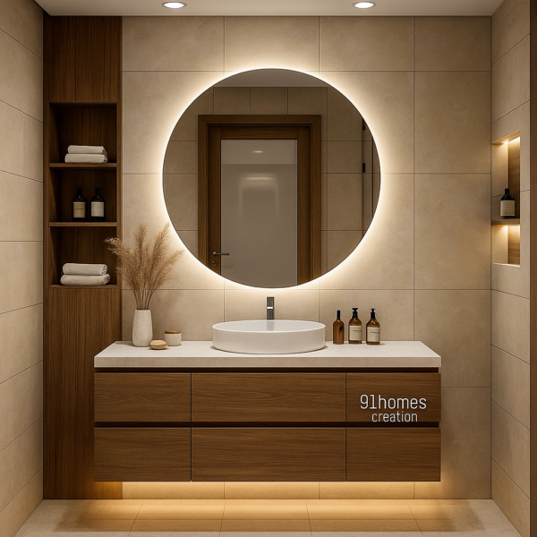 Minimalist walnut floating vanity with round LED mirror and floating walnut wood vanity with matte finish
