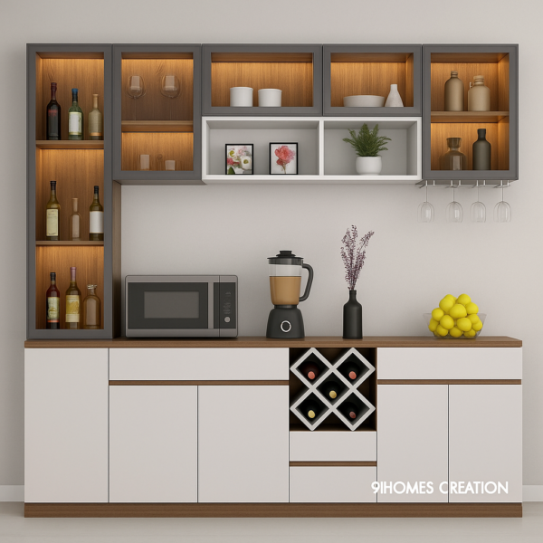 Matte White and Wood Finish Bar Unit with glass cabinets, matte white finish and wooden countertop.