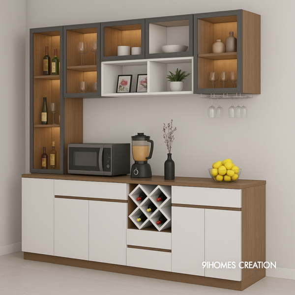 Contemporary crockery unit with dark grey frames, backlit shelves, and wine rack storage.